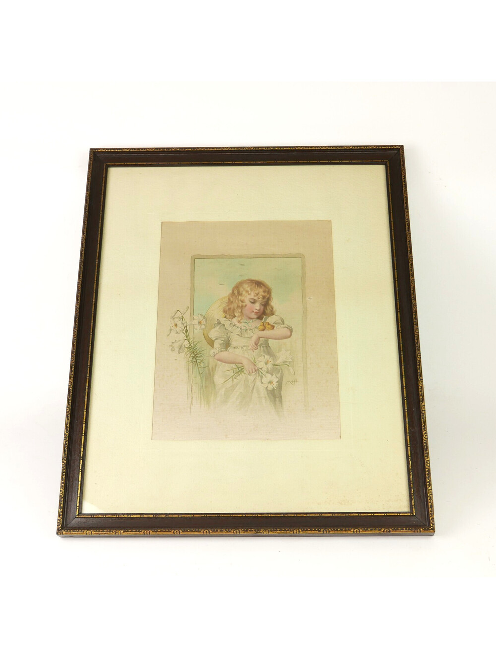 Antique 1888 Maud Humphrey Chromolithograph on Satin Girl Easter Lilies Framed